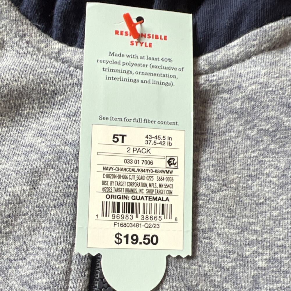 Cat & Jack (Target) Boys Zip Hoodies TWO pack Charcoal/Navy 5T sealed two pk! - Picture 6 of 10